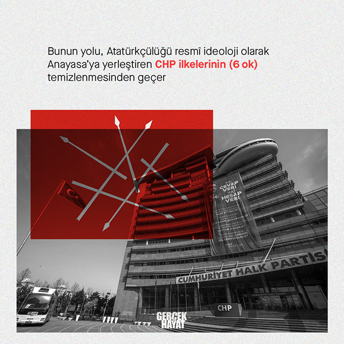 Bunun yolu, Atatürkçülüğü resmî ideoloji olarak Anayasa’ya yerleştiren CHP ilkelerinin (6 ok) temizlenmesinden geçer