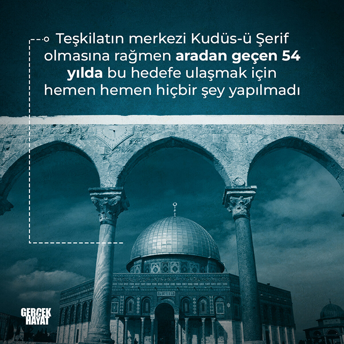 Teşkilatın merkezi Kudüs-ü Şerif olmasına rağmen aradan geçen 54 yılda bu hedefe ulaşmak için hemen hemen hiçbir şey yapılmadı