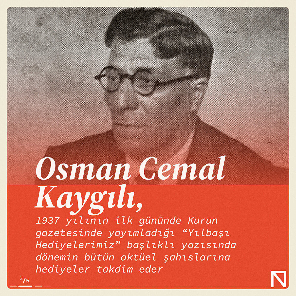 Osman Cemal Kaygılı, 1937 yılının ilk gününde Kurun gazetesinde yayımladığı “Yılbaşı Hediyelerimiz” başlıklı yazısında dönemin bütün aktüel şahıslarına hediyeler takdim eder