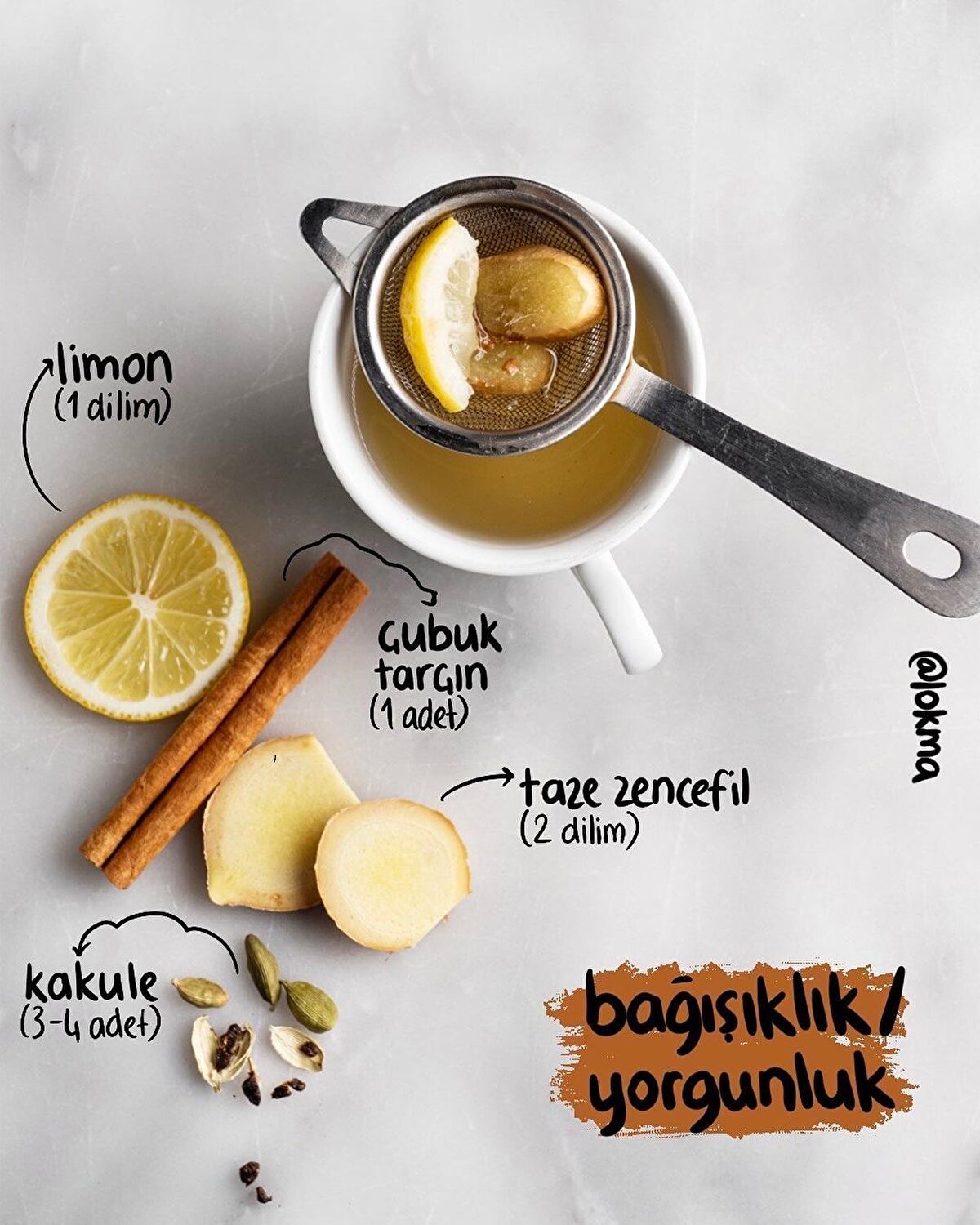 Kakuleli ÇayMalzemeler1 adet çubuk tarçın1-2 dilim taze zencefil3-4 adet kakule1 adet limon dilimiHazırlanışı:-Kakulenin çekirdeklerini çıkarın ve bir havanda ezin.-Tüm malzemeleri bir bardakta demleyiptüketebilirsiniz.