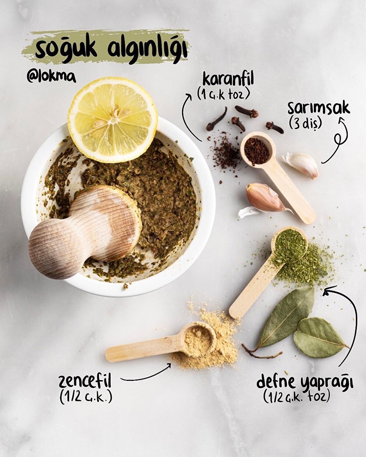 Doğal AntibiyotikMalzemeler3 diş sarımsak1/2 çay kaşığı toz zencefil1 adet limon suyu½ çay kaşığı toz karanfil½ çay kaşığı toz defne yaprağıHazırlanışı:-Havana kuruları ekleyin ve macun kıvamına gelene kadar limon suyuyla karıştırın.