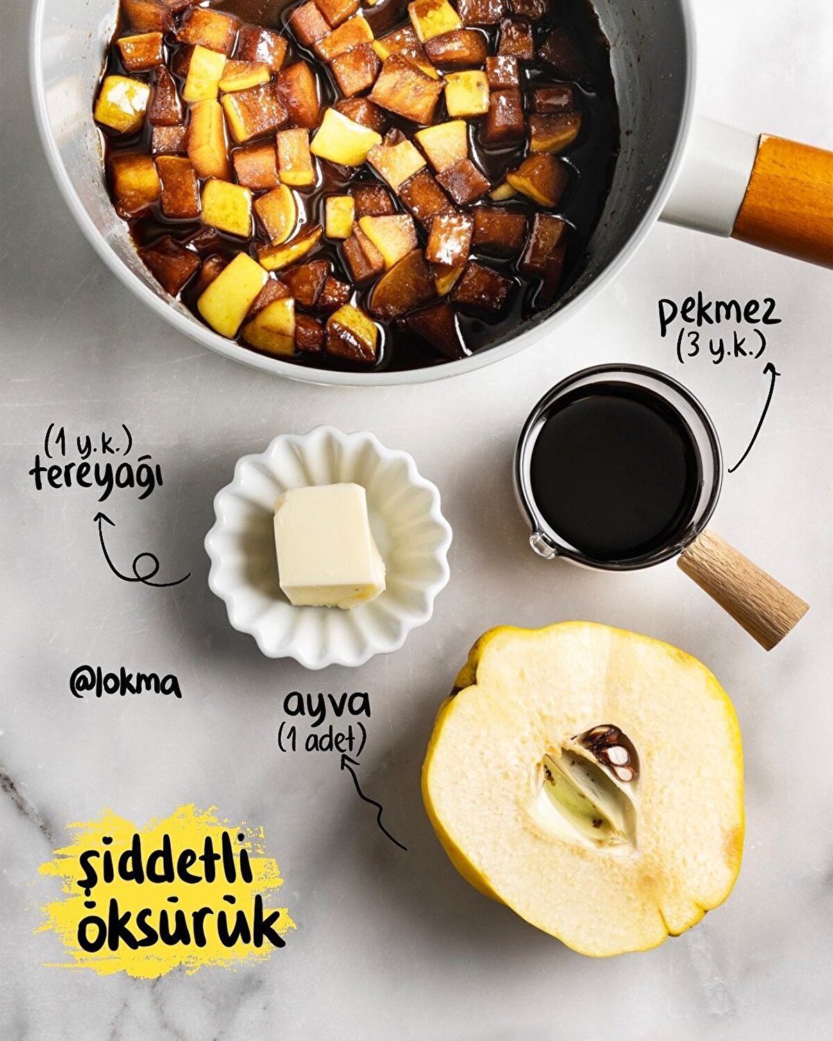 Pekmezli AyvaMalzemeler1 adet ayva1 yemek kaşığı tereyağı3 yemek kaşığı üzüm pekmeziHazırlanışı:-Ayvayı kabuklu şekilde küp küp doğrayıp tereyağında yumuşayana kadar pişirin.-Ocaktan almaya yakın pekmezi ilave edin ve 5 dakika daha pişirin.