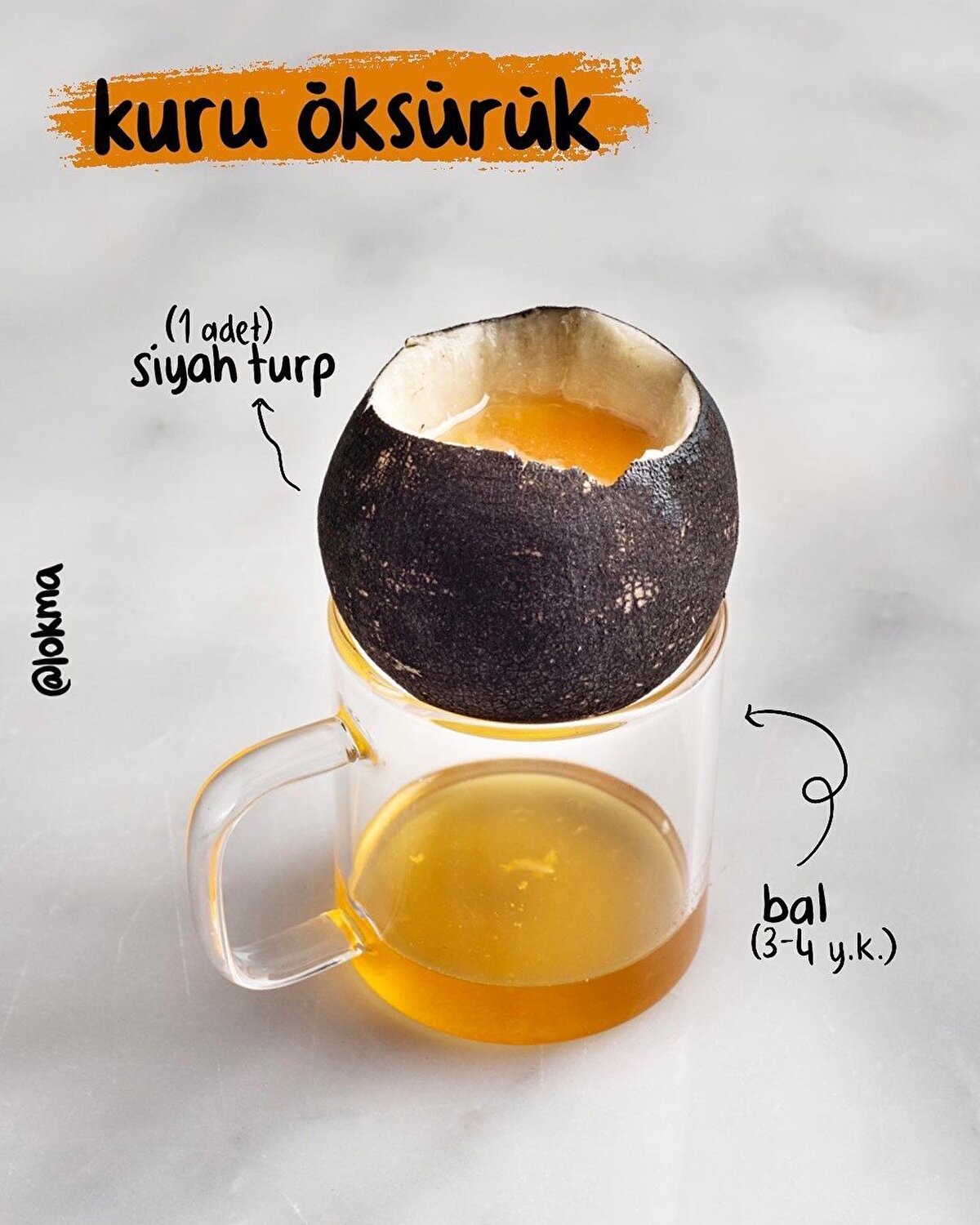 Siyah Turp ve BalMalzemeler1 adet siyah turp3-4 yemek kaşığı balHazırlanışı-Turpun baş kısmını kesin ve içerisini bir kaşık yardımıyla oyun.-İçini bal ile doldurup bir bardaga oturtun. Bir gece dinlendirin.