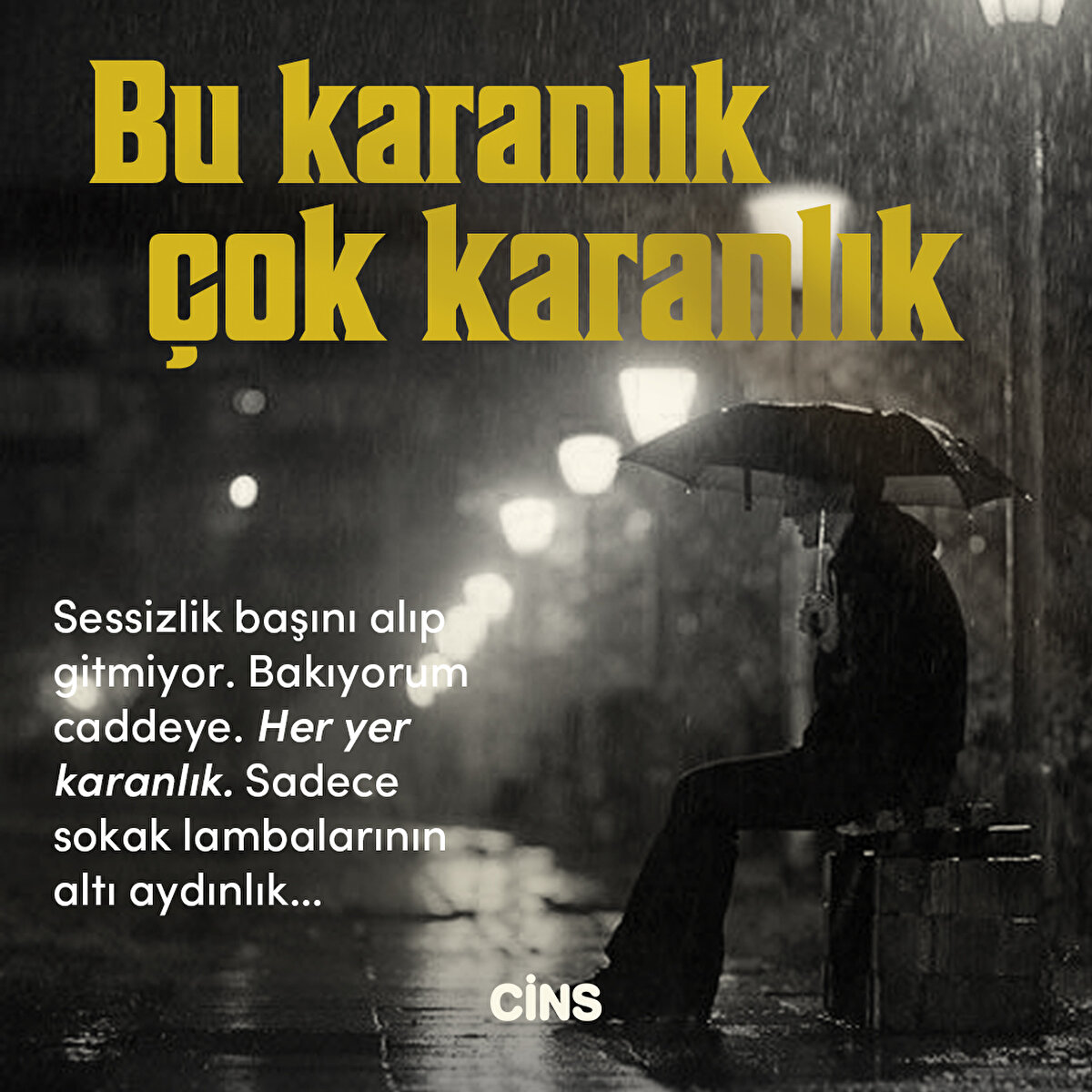 Bu karanlık çok karanlık
Sessizlik başını alıp gitmiyor. Bakıyorum caddeye. Her yer karanlık. Sadece sokak lambalarının altı aydınlık...