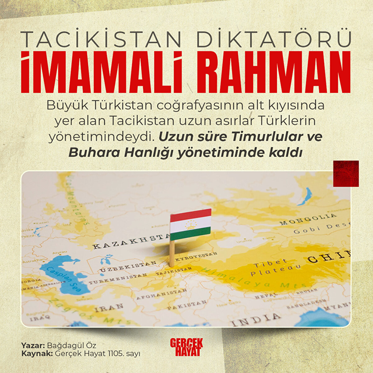 Tacikistan uzun asırlar Türklerin yönetimindeydi. Uzun süre Timurlular ve Buhara Hanlığı yönetiminde kaldı