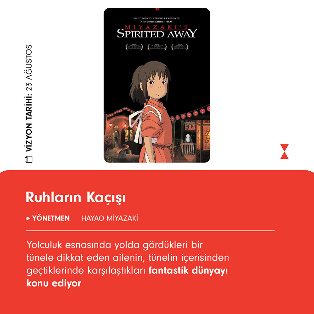 Animasyon t&#252;r&#252;n&#252;n en &#246;nemli &#246;rneklerinden biri olan film, 75. Akademi &#214;d&#252;lleri’nde En İyi Animasyon dalında Oscar’a; 52. Berlin Film Festivali’nde ise Altın Ayı &#246;d&#252;l&#252;ne layık g&#246;r&#252;lm&#252;şt&#252;r. Japon sinema tarihinin en başarılı filmi olarak da kırılması g&#252;&#231; bir rekoru elinde tutan film, k&#252;&#231;&#252;k Chihiro'nun, babasını kurtarmak i&#231;in korku dolu bir maceraya atılmasıyla ilerliyor.