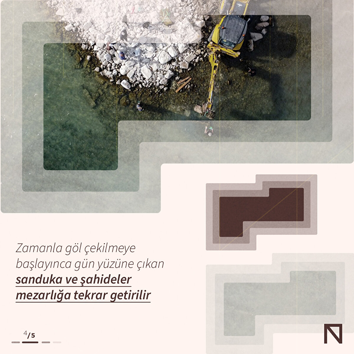 Zamanla göl çekilmeye başlayınca gün yüzüne çıkan sanduka ve şahideler mezarlığa tekrar getirilir