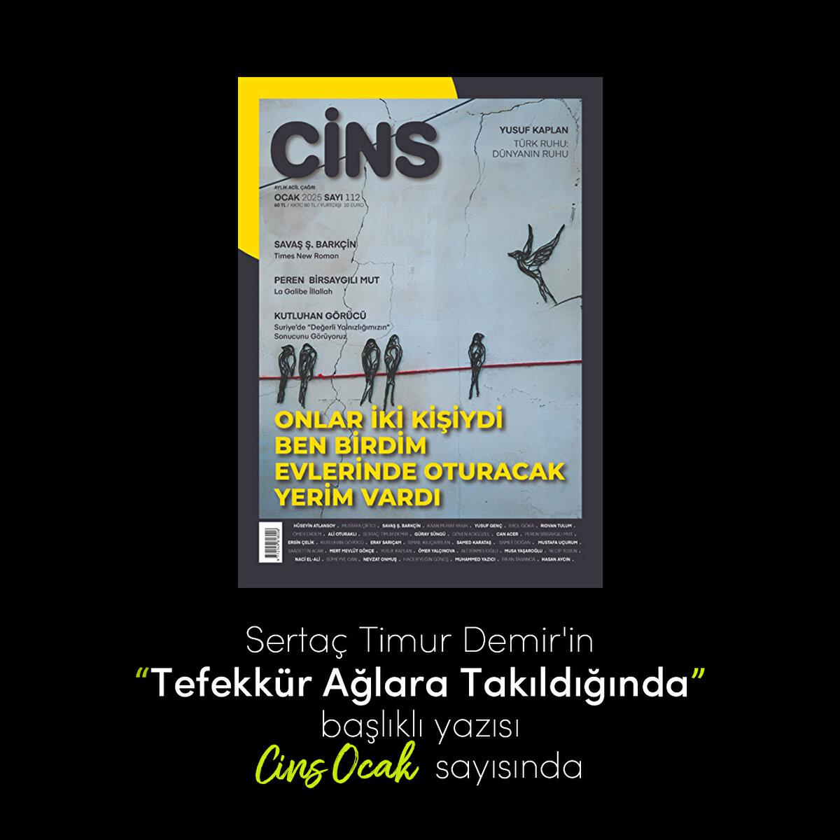 Sertaç Timur Demir'in Tefekkür Ağlara Takıldığında  başlıklı yazısı Cins Ocak sayısında  