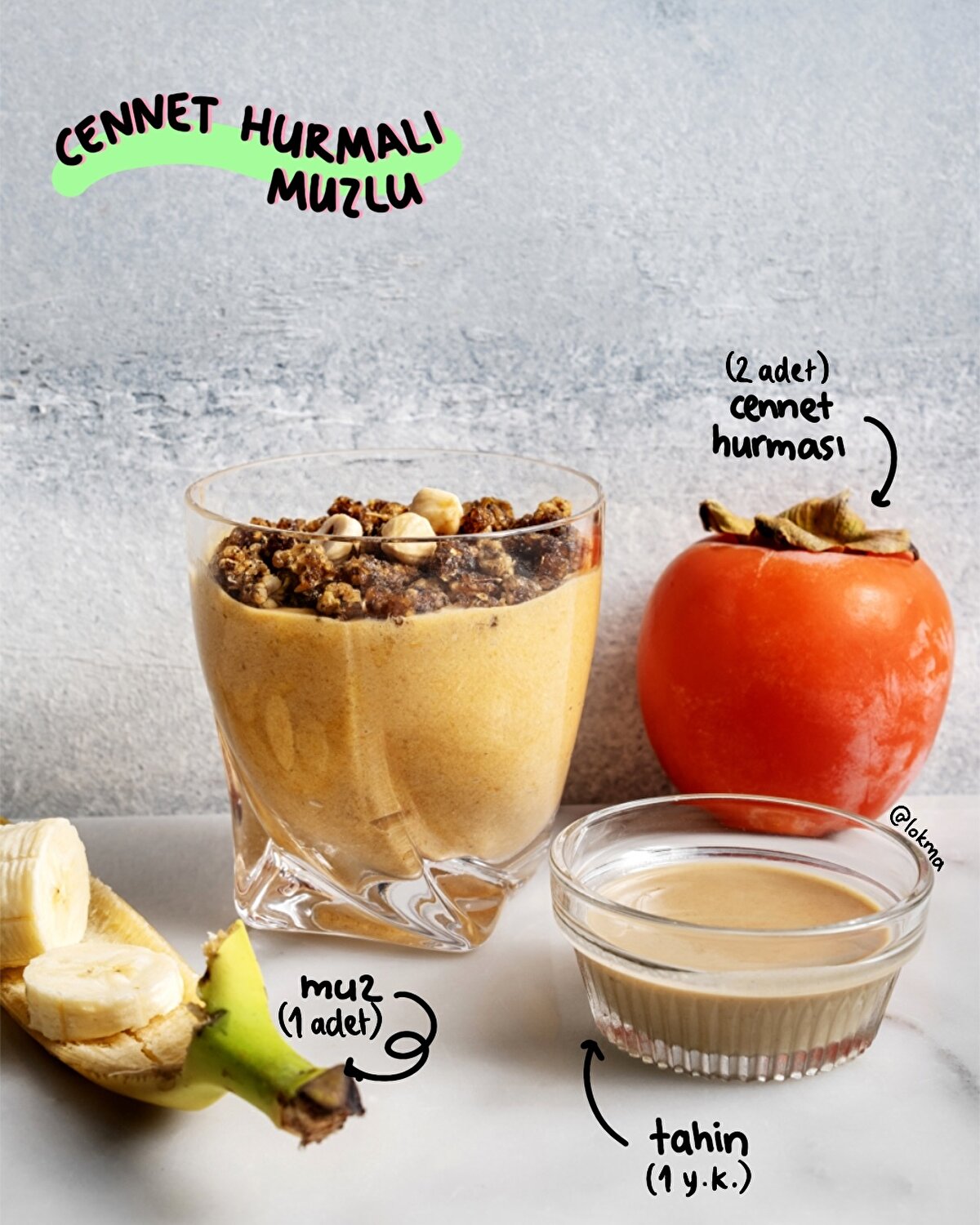 🌴CENNET HURMALI
2 olgun cennet hurması
1 adet muz
1 yemek kaşığı tahin

Yapılışı
-Cennet hurmalarını soyup bir kaseye alın.
-Kalan malzemeleri üzerine ekleyip el blenderından geçirin.
-Kaselere alın ve buzdolabında soğutun.
