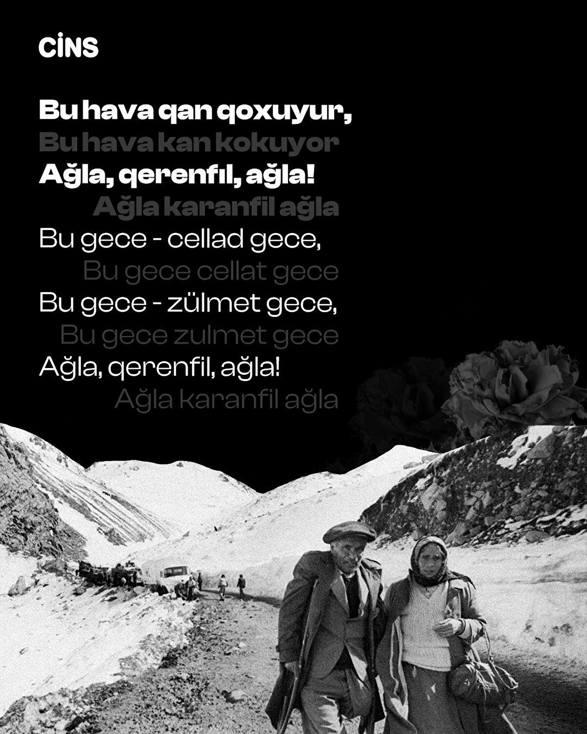 Bu hava qan qoxuyur,
Ağla, qərənfıl, ağla!
Bu gecə - cəllad gecə,
Bu gecə - zülmət gecə,
Ağla, qərənfil, ağla!

