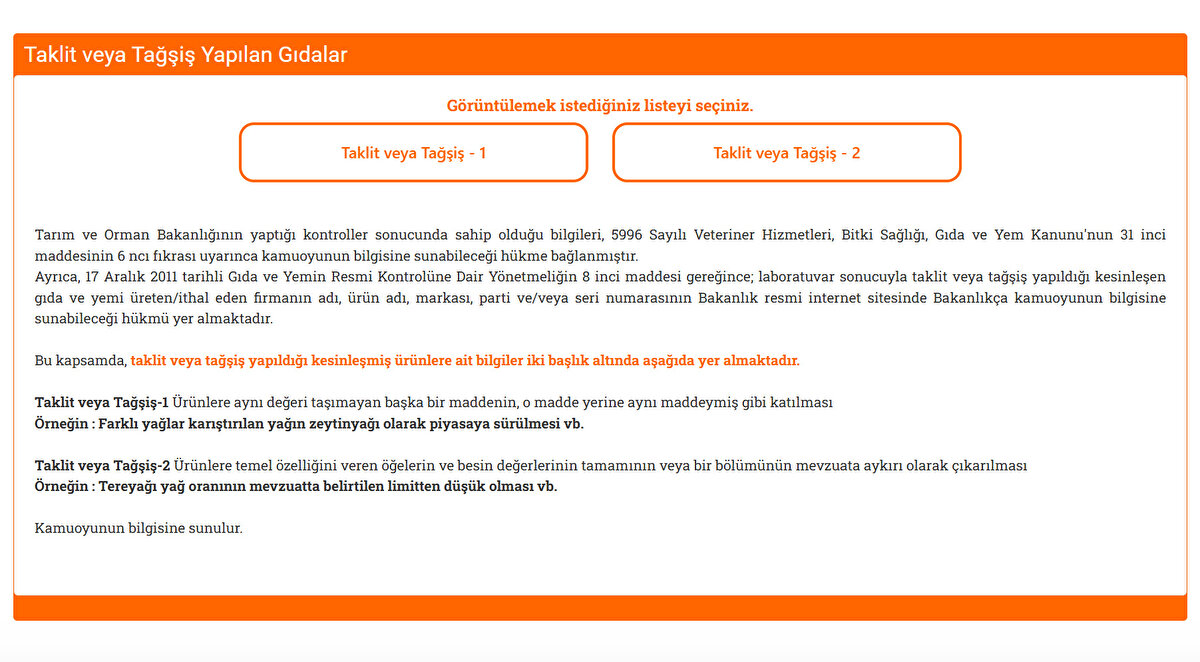 Tarım ve Orman Bakanlığının düzenli olarak güncellediği taklit ve tağşiş listesine aşağıdaki linkten ulaşabilirsiniz:<br><br>https://guvenilirgida.tarimorman.gov.tr/GuvenilirGida/GKD/TaklitVeyaTagsis