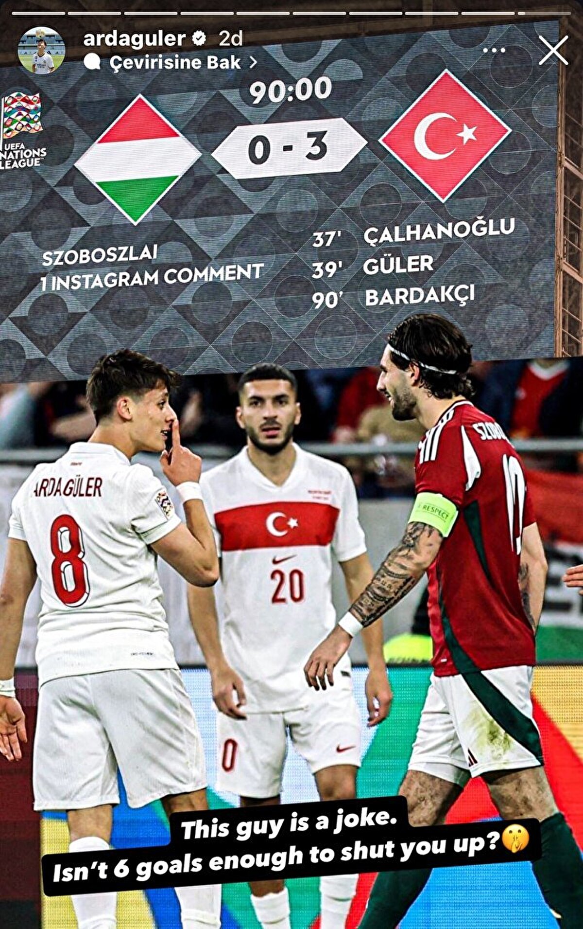 Arda Güler Instagram paylaşımında şu ifadelere yer verdi;<br><br>"Seni susturmak için 6 gol yeterli değil mi?"