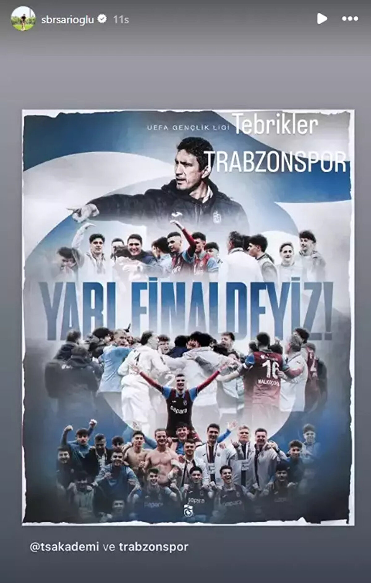 Sosyal medya hesabından paylaşım<br><br>Milli takım kadrosuna, Avrupa'da fırtına gibi esen Trabzonspor U19 Takımı'ndan az futbolcu çağırdığı için eleştirilen Sabri Sarıoğlu, bordo mavili takımın Inter zaferinin ardından sosyal medya hesabından yaptığı paylaşımla Trabzonspor'u tebrik etti.
