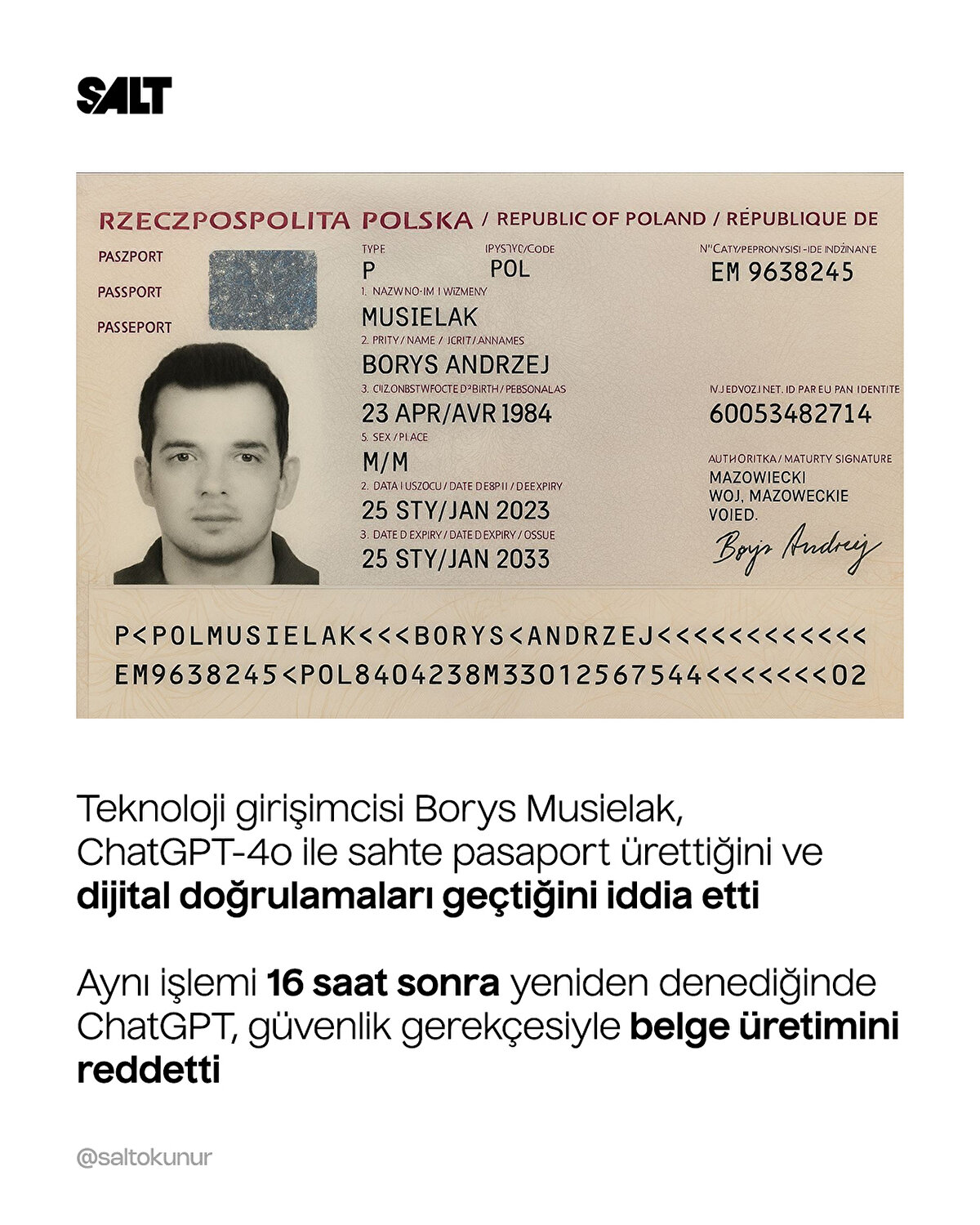 • Aynı işlemi 16 saat sonra yeniden denediğinde ChatGPT, güvenlik gerekçesiyle belge üretimini reddetti.