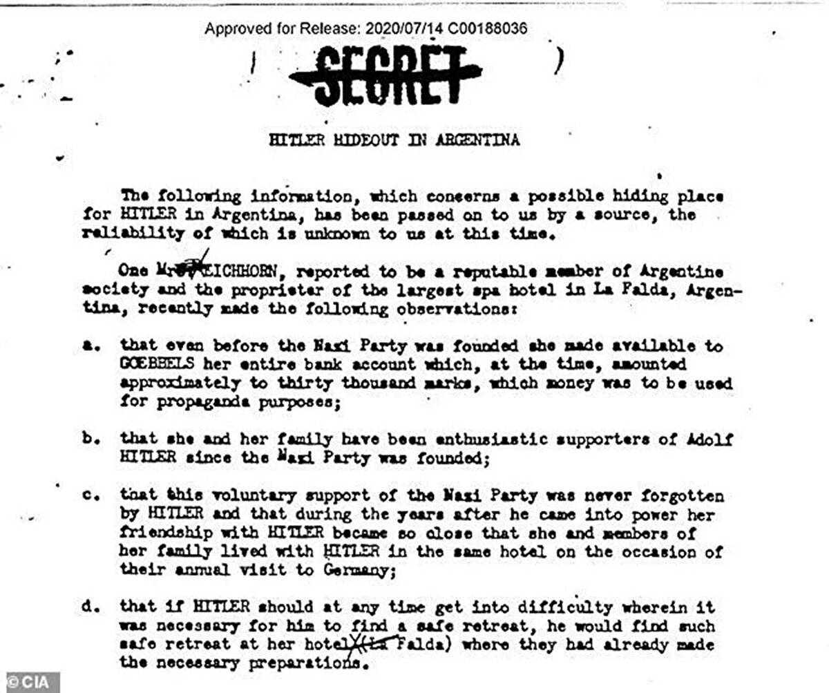 1955'e kadar iz sürüldü<br><br>1950’li yıllarda CIA ajanları, Hitler’in hâlâ hayatta olduğuna ve kimlik değiştirerek Latin Amerika’da gizlendiğine inanıyordu. 1954’te Kolombiya’da çekilen ve Hitler’e benzeyen bir kişinin fotoğrafı dosyalara eklendi. Bu kişinin “Adolf Schrittelmayor” adıyla tanındığı kaydedildi.