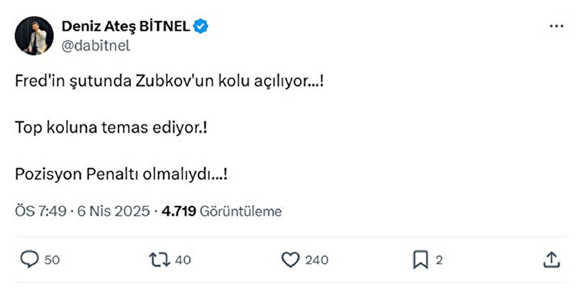 Deniz Ateş Bitnel: "Fred'in şutunda Zubkov'un kolu açılıyor...! Top koluna temas ediyor.! Pozisyon Penaltı olmalıydı...!"<br>