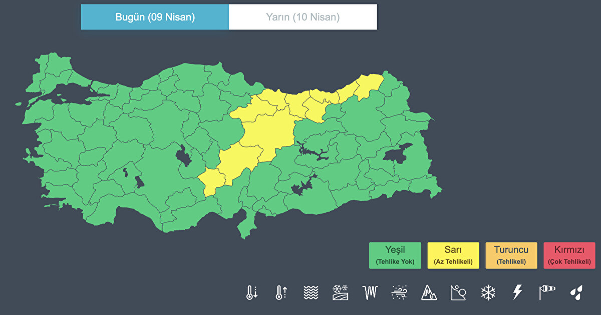10 ilde sarı kodlu uyarı<br><br>Meteoroloji, Artvin, Giresun, Gümüşhane, Kayseri, Niğde, Ordu, Rize, Sivas, Tokat ve Trabzon için sarı kodlu uyarı yayımladı. Bu illerde halkın olası olumsuzluklara karşı dikkatli olması istendi.