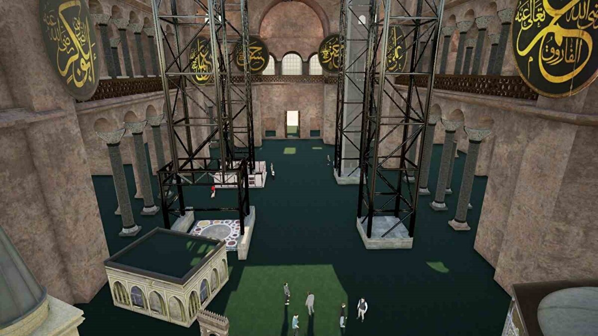 Açıklamada, 43,5 metre yüksekliğinde 4 ana kolon üzerine çelik platform kurulmasıyla hem ibadetin kesintiye uğramadan süreceği hem de kubbenin iç ve dış yüzeylerindeki uygulamaların sağlıklı biçimde sürdürüleceği belirtilerek, şu bilgelere yer verildi:<br><br>"Tüm bu çalışmaların sahada güvenli ve hızlı biçimde yürütülebilmesi amacıyla, doğu yönünde kurulmak üzere 41 metre yüksekliğinde ve 60 metre bom uzunluğunda kule vinç projelendirildi. Bu vinç, yapıya uygun mesafede ve güvenli dönüş alanı sağlayacak şekilde planlandı. Ana kubbe güçlendirmesi, kurşun değişimleri, mozaik konservasyonu ve cephe ile minare onarımları tamamlandıktan sonra geçici olarak kurulan çelik konstrüksiyon örtü, platform ve kule vinç, kuruldukları yöntemle sökülecek. Böylece Ayasofya-i Kebir Cami-i Şerifi'nin tarihi kubbesi, kapsamlı bir güçlendirme sürecinin ardından özgün haliyle korunarak gelecek kuşaklara aktarılmış olacak."