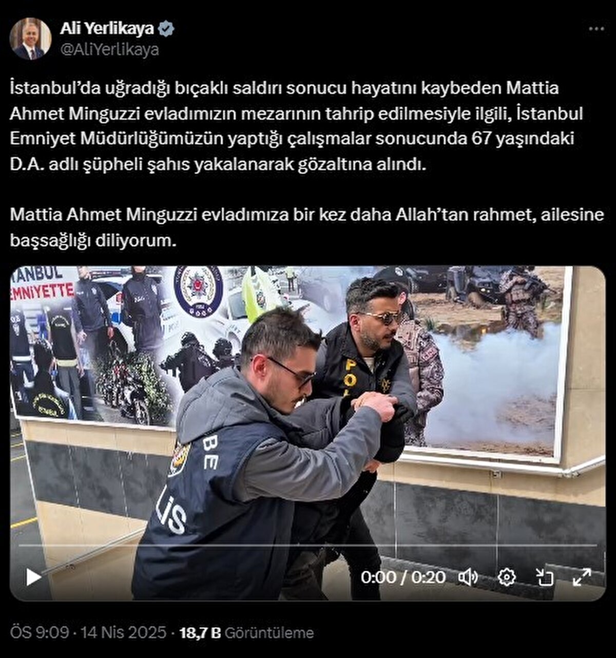 Şüphelinin yakalandığını İçişleri Bakanı Ali Yerlikaya, sosyal medya hesabından yaptığı paylaşım ile duyurdu. Bakan Yerlikaya paylaşımında, "İstanbul’da uğradığı bıçaklı saldırı sonucu hayatını kaybeden Mattia Ahmet Minguzzi evladımızın mezarının tahrip edilmesiyle ilgili, İstanbul Emniyet Müdürlüğümüzün yaptığı çalışmalar sonucunda 67 yaşındaki D.A. adlı şüpheli şahıs yakalanarak gözaltına alındı. Mattia Ahmet Minguzzi evladımıza bir kez daha Allah’tan rahmet, ailesine başsağlığı diliyorum" ifadelerini kullandı.