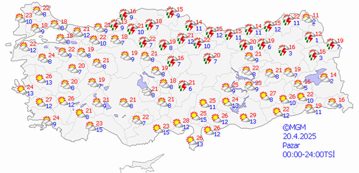 Akdeniz Bölgesi<br><br>Akdeniz’de lodos cumartesi günü sert ve bunaltıcı esecek. Bölge güneşli.<br>Adana 29, Hatay 28, Kahramanmaraş 26 derece.<br><br>Karadeniz Bölgesi<br><br>Karadeniz'de Bolu, Kastamonu, Tokat, Bayburt, Samsun Trabzon boyunca sağanak geçişi olacak.<br>Bolu 22, Zonguldak 18, Samsun 16, Trabzon 18 derece.