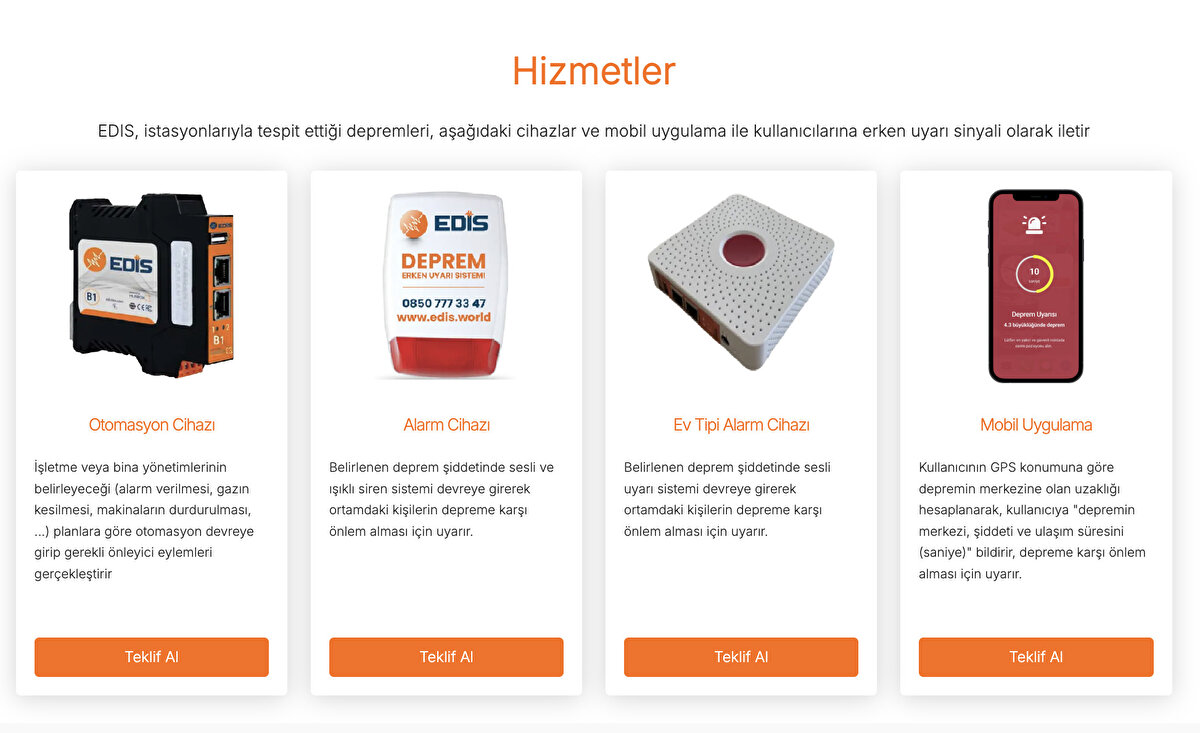 EDİS hizmetleri<br><br>EDIS, istasyonlarıyla tespit ettiği depremleri, cihazlar ve mobil uygulama ile kullanıcılarına erken uyarı sinyali olarak iletir.