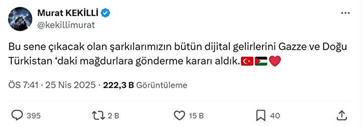 Murat Kekilli bu sene çıkacak tüm şarkılarının dijital gelirini mazlum Müslümanlara hediye edeceğini söyledi.