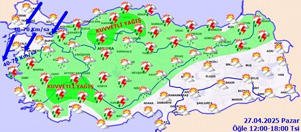 ADANA °C, 25°C<br>Parçalı ve çok bulutlu<br><br>ANTALYA °C, 21°C<br>Parçalı ve çok bulutlu<br><br>BURDUR °C, 20°C<br>Parçalı ve çok bulutlu, sağanak ve yer yer gök gürültülü sağanak yağışlı geçeği tahmin ediliyor. Yağışların, yerel kuvvetli olması bekleniyor.<br><br>HATAY °C, 24°C<br>Parçalı ve çok bulutlu<br><br>ANKARA °C, 20°C<br>Parçalı ve çok bulutlu, yerel sağanak ve gök gürültülü sağanak yağışlı geçeceği tahmin ediliyor. Yağışların, kuzey çevrelerinde kuvvetli olması bekleniyor.<br><br>ÇANKIRI °C, 21°C<br>Parçalı ve çok bulutlu, sağanak ve gök gürültülü sağanak yağışlı geçeceği tahmin ediliyor. Yağışların, batı çevrelerinde kuvvetli olması bekleniyor.<br><br>ESKİŞEHİR °C, 20°C<br>Parçalı ve çok bulutlu, yerel sağanak ve gök gürültülü sağanak yağışlı