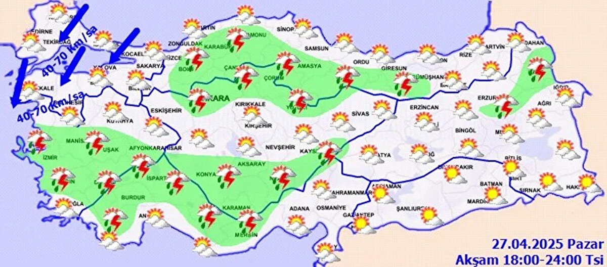 KONYA °C, 19°C<br>Parçalı ve çok bulutlu, yerel sağanak ve gök gürültülü sağanak yağışlı<br><br>BOLU °C, 21°C<br>Parçalı ve çok bulutlu, sağanak ve gök gürültülü sağanak yağışlı geçeceği tahmin ediliyor. Yağışların, kuvvetli olması bekleniyor.<br><br>DÜZCE °C, 20°C<br>Parçalı ve çok bulutlu, sağanak ve gök gürültülü sağanak yağışlı<br><br>SİNOP °C, 16°C<br>Parçalı ve çok bulutlu, sağanak ve gök gürültülü sağanak yağışlı<br><br>ZONGULDAK °C, 14°C<br>Parçalı ve çok bulutlu, sağanak ve gök gürültülü sağanak yağışlı<br><br>AMASYA °C, 23°C<br>Parçalı ve çok bulutlu, sağanak ve gök gürültülü sağanak yağışlı<br><br>RİZE °C, 16°C<br>Parçalı ve çok bulutlu, sağanak ve gök gürültülü sağanak yağışlı<br><br>SAMSUN °C, 16°C<br>Parçalı ve çok bulutlu, sağanak ve gök gürültülü sağanak yağışlı