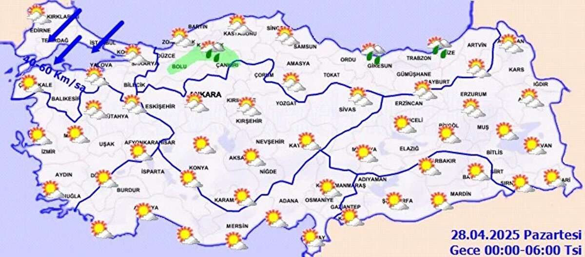 TRABZON °C, 16°C<br>Parçalı ve çok bulutlu, sağanak ve gök gürültülü sağanak yağışlı<br><br>ERZURUM °C, 16°C<br>Parçalı ve çok bulutlu, yerel sağanak ve gök gürültülü sağanak yağışlı<br><br>KARS °C, 15°C<br>Parçalı ve çok bulutlu, yerel sağanak ve gök gürültülü sağanak yağışlı<br><br>MALATYA °C, 23°C<br>Parçalı ve çok bulutlu<br><br>VAN °C, 12°C<br>Parçalı ve çok bulutlu<br><br>ADIYAMAN °C, 24°C<br>Parçalı bulutlu<br><br>DİYARBAKIR °C, 23°C<br>Parçalı ve çok bulutlu<br><br>GAZİANTEP °C, 24°C<br>Parçalı bulutlu<br><br>SİİRT °C, 23°C<br>Parçalı ve çok bulutlu