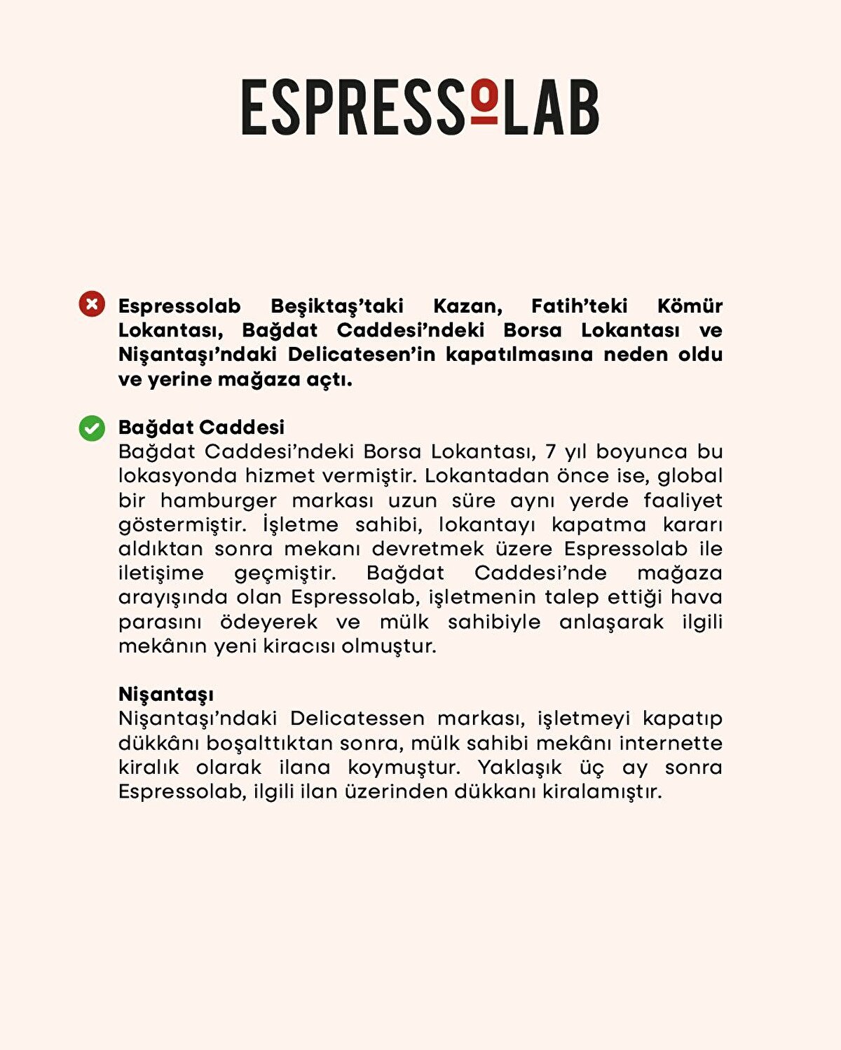 "10-Espressolab’in Beşiktaş’taki Kazan, Fatih’teki Kömür Lokantası, Bağdat Caddesi’ndeki Borsa Lokantası ve Nişantaşı’ndaki Delicatesen’in kapatılmasına neden olduğu ve yerine mağaza açtığı iddiası"