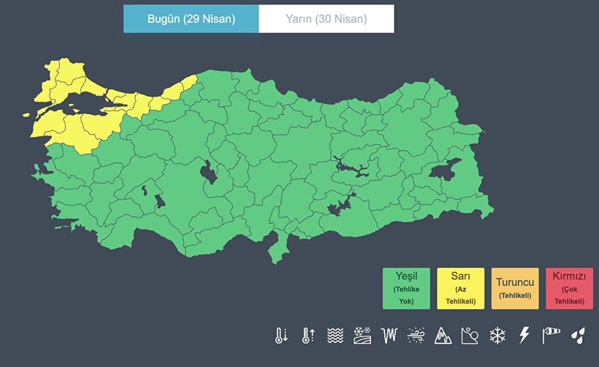 MGM sarı kod ile uyardı<br><br>Meteoroloji Genel Müdürlüğü "sarı" kod uyarısında bulundu. Aralarında İstanbul ve Bursa'nın da olduğu 13 kentte kuvvetli rüzgar bekleniyor:<br><br>- Balıkesir<br>- Bartın<br>- Bursa<br>- Çanakkale<br>- Düzce<br>- Edirne<br>- İstanbul<br>- Kırklareli<br>- Kocaeli<br>- Sakarya<br>- Tekirdağ<br>- Yalova<br>- Zonguldak