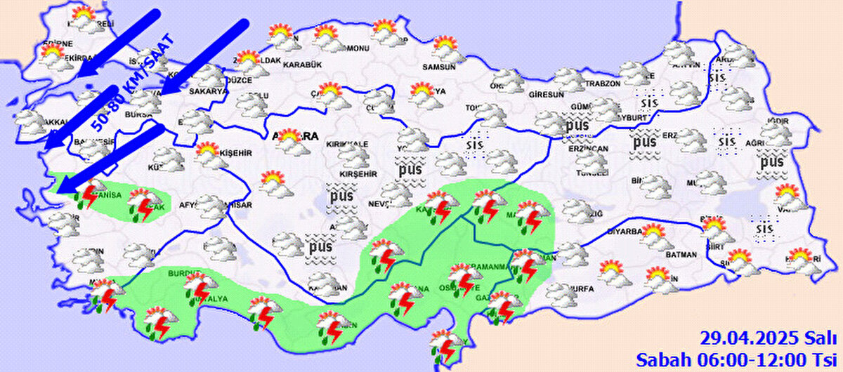Kuvvetli yağışa dikkat<br><br>Özellikle Denizli, Aydın, Kayseri, Sivas, Burdur’un batı kesimleri ve Antalya’nın iç bölgelerinde kuvvetli yağış bekleniyor. Sel, su baskını gibi olumsuzluklara karşı vatandaşların tedbirli olması isteniyor.