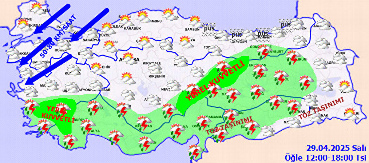 Rüzgar fırtına seviyesinde esecek<br><br>Marmara Bölgesi ile Kuzey Ege kıyılarında rüzgarın kuzey ve kuzeydoğu yönlerden zaman zaman fırtına şeklinde (40-80 kmsaat) esmesi bekleniyor.