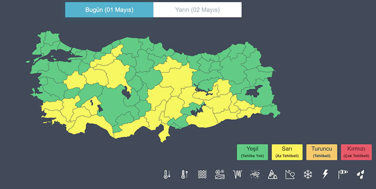 28 il için sarı kodlu uyarı<br><br>- Ankara çevresinde kuvvetli sağanak bekleniyor<br><br>Tahminlere göre, bugün öğle saatlerinden itibaren Ankara, Eskişehir, Kütahya, Bolu ve Karabük’te yerel olarak kuvvetli sağanak ve gök gürültülü sağanak bekleniyor.<br><br>Sabahın ilk saatlerinden itibaren Kayseri’nin güney ve doğusunda, öğle saatlerinden itibaren ise Sivas ve Tokat’ta yerel olarak kuvvetli sağanak ve gök gürültülü sağanak bekleniyor.