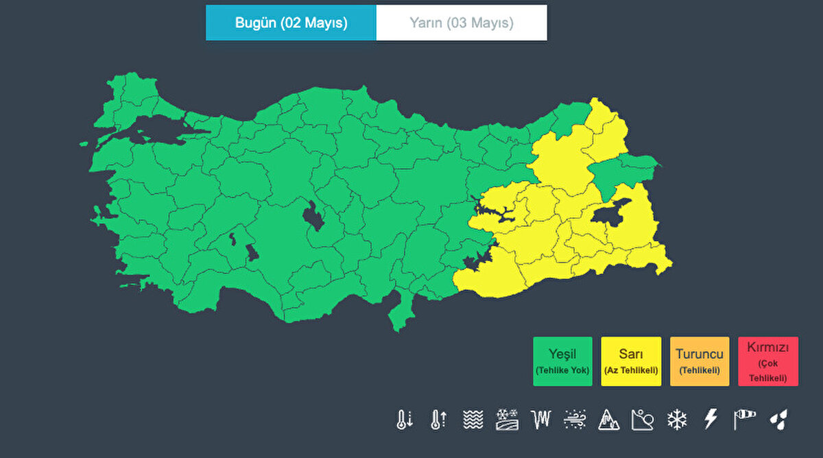16 ile sarı kodlu uyarı<br><br>MGM tarafından yayınlanana göre; Şanlıurfa, Mardin, Şırnak, Hakkari, Van, Siirt, Bitlis, Diyarbakır, Elazığ, Batman, Elazığ, Bingöl, Tunceli, Erzurum, Kars ve Ardahan illeri sarı kodlu uyarı aldı.