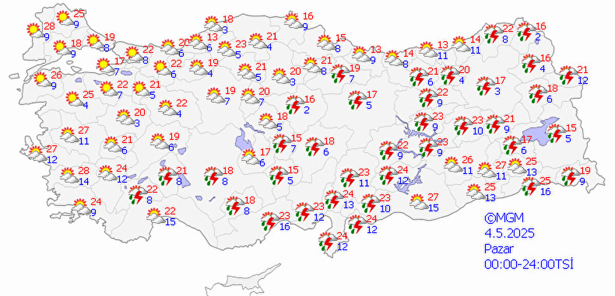 Pazar günü ise ülke geneli parçalı ve çok bulutlu, Doğu Karadeniz'in iç kesimleri İç Anadolu'nun doğusu ve güneyi, Doğu Anadolu Bölgesi ve Akdeniz Bölgesi'nin tamamında yağış görülecek. Yağışların sağanak ve gök gürültülü sağanak şeklinde olması bekleniyor.