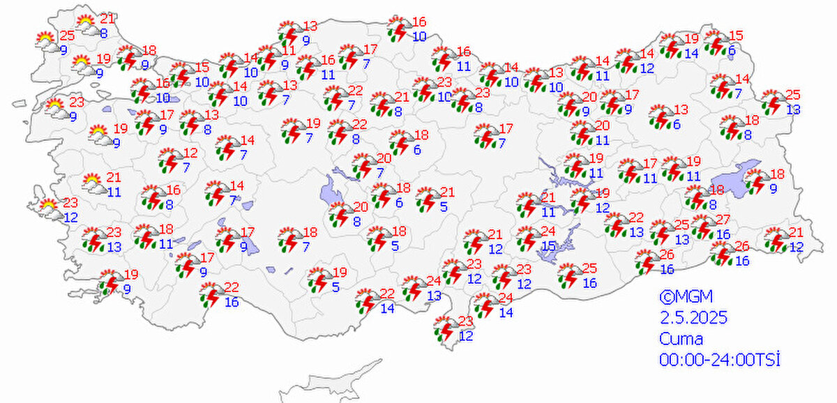 Yağışların, Orta ve Doğu Karadeniz, Doğu Anadolu (Malatya, Van ve Iğdır hariç) ile Muğla, Aydın, Uşak, Denizli, Afyonkarahisar, Antalya’nın batı iç kesimleri, Isparta ve Burdur'un batısı, Ankara, Eskişehir'in doğusu, Çankırı, Kırşehir, Yozgat, Kırıkkale'nin kuzeyi, Sivas, Karabük'ün doğusu, Kastamonu, Adıyaman, Şanlıurfa'nın kuzeyi, Diyarbakır, Batman ve Siirt çevrelerinde yer yer kuvvetli olması bekleniyor.<br><br>Doğu Anadolu'nun doğusu ile Güneydoğu Anadolu'da toz taşınımı bekleniyor.<br><br>Hava sıcaklığının, doğu kesimlerde biraz azalacağı, Ülkemiz genelinde mevsim normalleri civarında seyredeceği tahmin ediliyor.