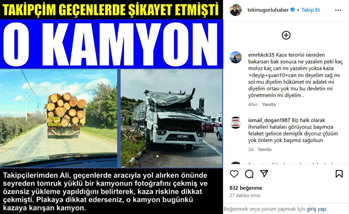 Tedbir almadan taşıma yapan kamyonu görüntüleyen vatandaş duruma sosyal medyadan tepki göstermişti.