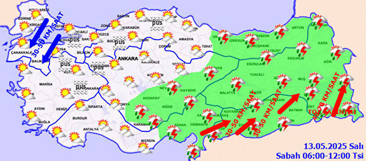 Rüzgarın hızı Marmara'da 60 km'yi buluyor<br><br>Rüzgarın; Marmara’da kuzey ve kuzeydoğu, Doğu Akdeniz, Doğu Anadolu’nun güneyi ile Güneydoğu Anadolu’da güney ve güneybatı yönlerden kuvvetli olarak (40-60 kmsaat) esmesi tahmin ediliyor.