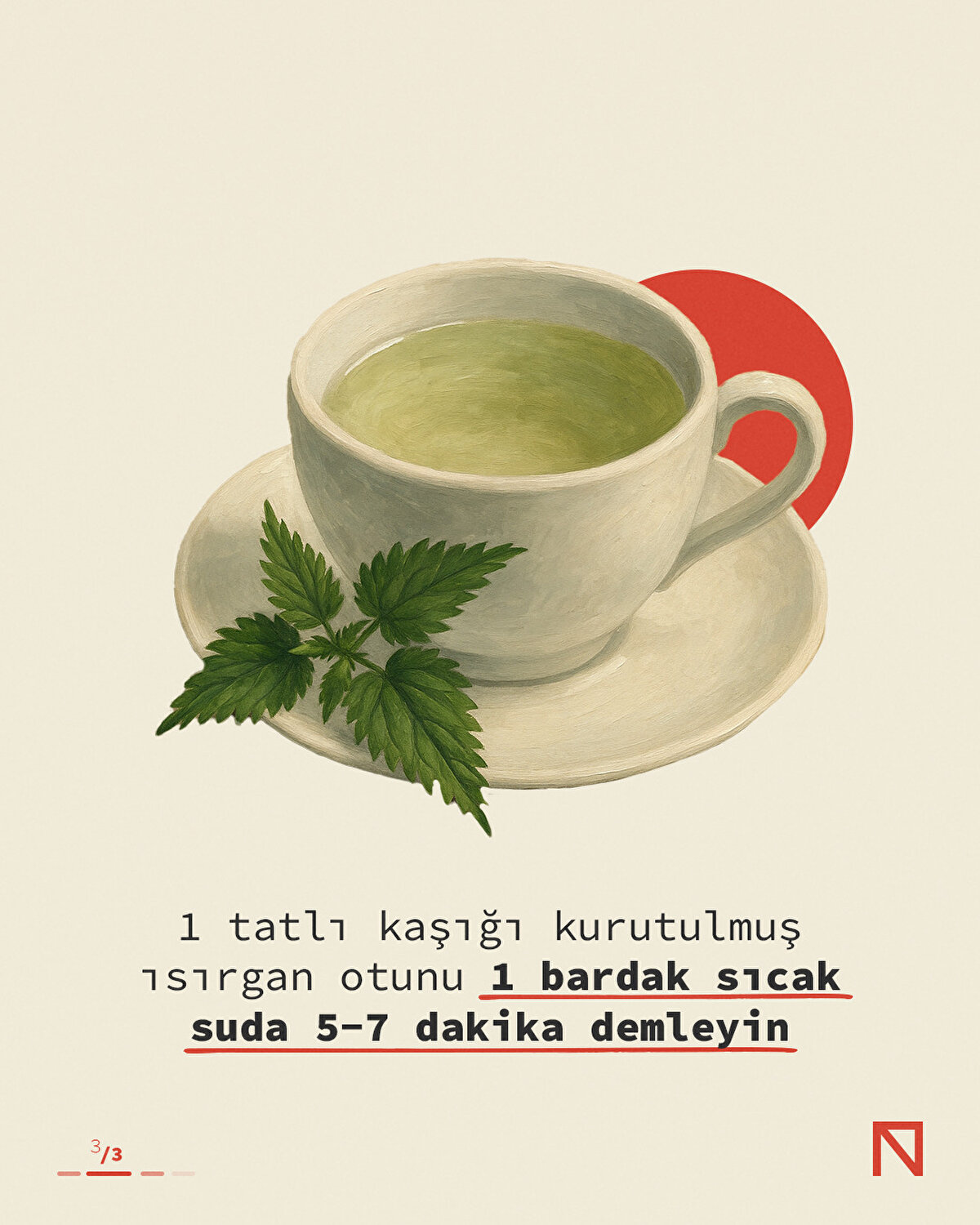 1 tatlı kaşığı kurutulmuş ısırgan otunu 1 bardak sıcak suda 5-7 dakika demleyin