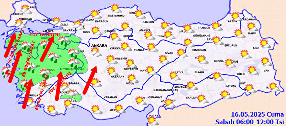 Kuvvetli fırtına bekleniyor<br><br>Rüzgarın; Marmara, Ege, Batı Akdeniz, İç Anadolu’nun batısında güney ve güneybatı yönlerden kuvvetli, (50-70 km/sa) Kıyı Ege ile Marmara’nın batısında kuvvetli fırtına (60-90 km/sa) şeklinde eseceği tahmin ediliyor. Marmara’nın güneyi, İç Anadolu’nun batısı ve Ege'de toz taşınımı bekleniyor.