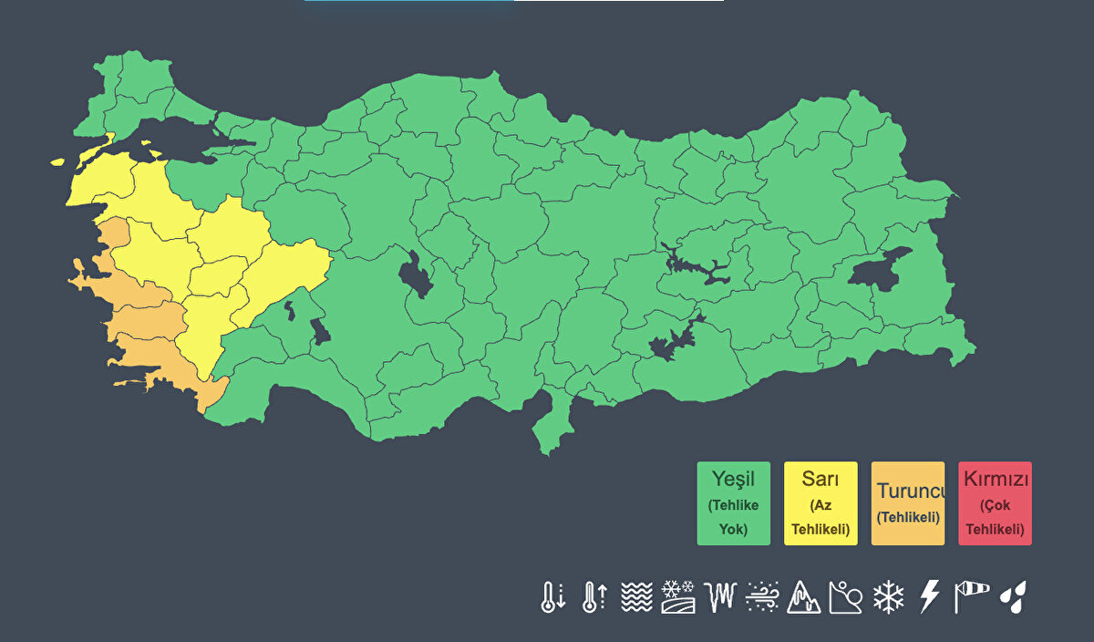 Turuncu kodlu uyarı nedir?<br><br>Hava durumu tehlikelidir: Tahmin edilen meteorolojik hadise sıklıkla görülmemektedir. Hasar ve kayıpların oluşması muhtemeldir. Çok tedbirli olmalı, güncel meteorolojik koşullar ve tahminler takip edilmelidir.<br><br>Sarı kodlu uyarı nedir?<br><br>Hava durumu potansiyel tehlikelidir: Tahmin edilen meteorolojik hadise olağandışı olmamakla birlikte, meteorolojik şartlardan etkilenebilecek faaliyetler konusunda dikkatli olunmalıdır.