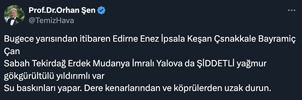 Rüzgarın saatte 100 kilometreye kadar ulaşabileceğini belirten Şen, Marmara’nın batısı ile Kıyı Ege’de fırtınanın etkili olacağını söyledi. Vatandaşlara “Çatılar, ağaçlar ve tabelalar altında durmayın, araçlarınızı bu alanlara park etmeyin” uyarısında bulundu.