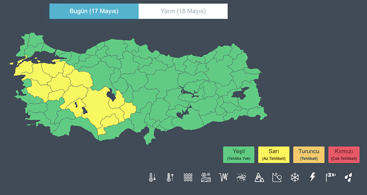 Sarı kodlu uyarı alan iller<br><br>1- Çanakkale<br>2- Balıkesir<br>3- Bilecik<br>4- Bursa<br>5- Yalova<br>6- Eskişehir<br>7- Isparta<br>8- Karaman<br>9- Konya<br>10- Kütahya<br>11- Manisa<br>12- Niğde<br>13- Uşak<br>14- Aksaray<br>15- Afyonkarahisar