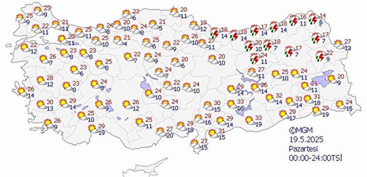 BATI KARADENİZ<br><br>Parçalı ve az bulutlu geçeceği tahmin ediliyor.<br><br>BOLU °C, 21°C<br><br>Parçalı ve az bulutlu<br><br>KASTAMONU °C, 21°C<br><br>Parçalı ve az bulutlu<br><br>SİNOP °C, 20°C<br><br>Parçalı ve az bulutlu<br><br>ZONGULDAK °C, 20°C<br><br>Parçalı ve az bulutlu<br><br>ORTA ve DOĞU KARADENİZ<br><br>Parçalı ve çok bulutlu, Doğu Karadeniz ile Ordu çevrelerinin aralıklı sağanak ve gök gürültülü sağanak yağışlı geçeceği tahmin ediliyor.<br><br>AMASYA °C, 26°C<br><br>Parçalı bulutlu<br><br>ARTVİN °C, 16°C<br><br>Parçalı ve çok bulutlu, aralıklı sağanak ve gök gürültülü sağanak yağışlı<br><br>SAMSUN °C, 19°C<br><br>Parçalı bulutlu<br><br>TRABZON °C, 17°C<br><br>Parçalı ve çok bulutlu, aralıklı sağanak ve gök gürültülü sağanak yağışlı<br><br>DOĞU ANADOLU<br><br>Parçalı ve az bulutlu, yer yer çok bulutlu, bölgenin kuzey kesimlerinin yerel sağanak ve gök gürültülü sağanak yağışlı geçeceği tahmin ediliyor. Rüzgârın, güneydoğusunda güneyli yönlerden kuvvetli (40-60 kmsaat) eseceği tahmin ediliyor.<br><br>ERZURUM °C, 17°C<br><br>Parçalı ve çok bulutlu, yerel sağanak ve gök gürültülü sağanak yağışlı<br><br>KARS °C, 17°C<br><br>Parçalı ve çok bulutlu, yerel sağanak ve gök gürültülü sağanak yağışlı<br><br>MALATYA °C, 29°C<br><br>Parçalı ve az bulutlu<br><br>VAN °C, 20°C<br><br>Parçalı ve az bulutlu<br><br>GÜNEYDOĞU ANADOLU<br><br>Parçalı ve az bulutlu geçeceği tahmin ediliyor.<br><br>DİYARBAKIR °C, 32°C<br><br>Parçalı ve az bulutlu<br><br>GAZİANTEP °C, 29°C<br><br>Parçalı ve az bulutlu<br><br>MARDİN °C, 29°C<br><br>Parçalı ve az bulutlu<br><br>SİİRT °C, 31°C<br><br>Parçalı ve az bulutlu
