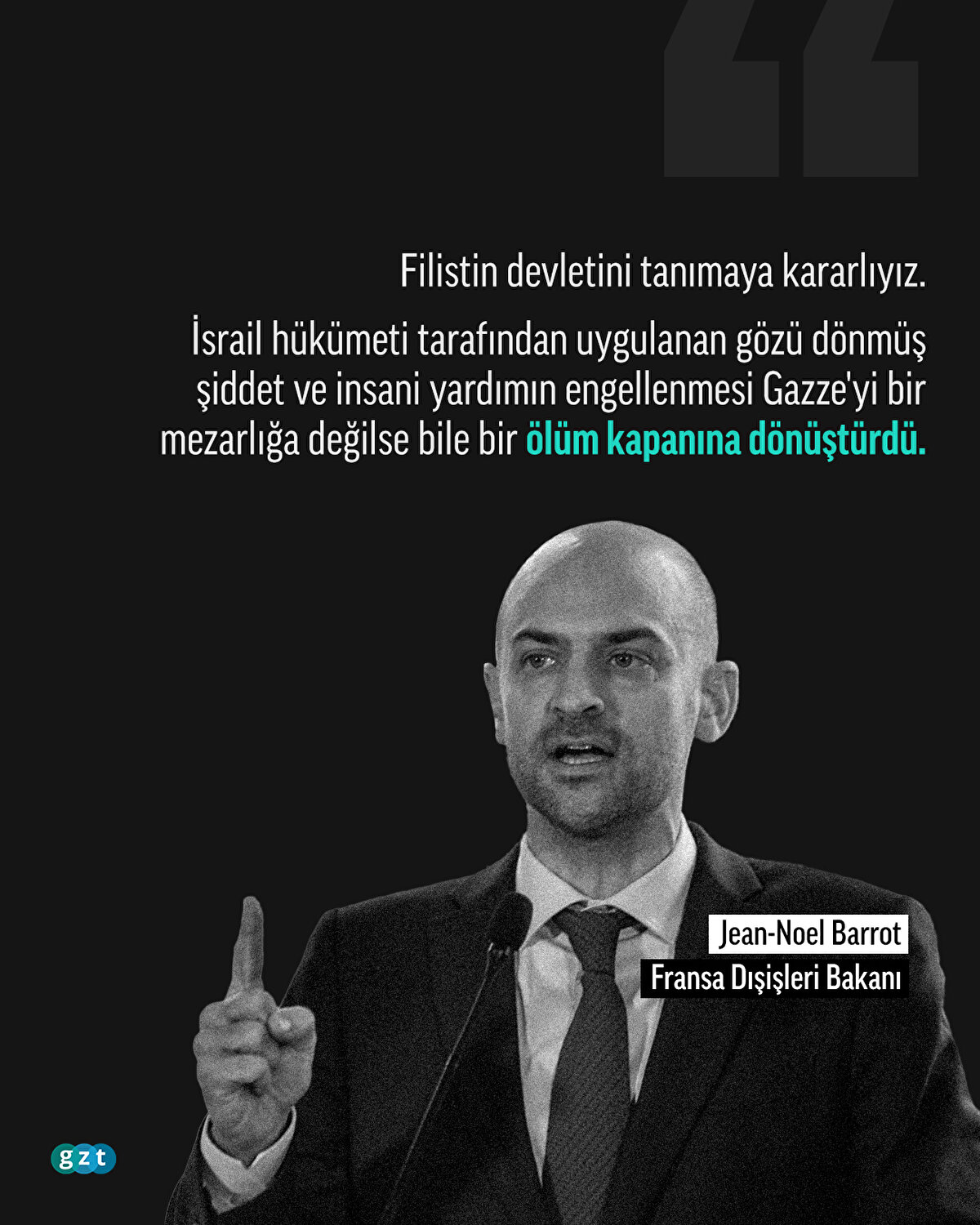 Filistin devletini tanımaya kararlıyız.<br><br>İsrail hükümeti tarafından uygulanan gözü dönmüş şiddet ve insani yardımın engellenmesi Gazze'yi bir mezarlığa değilse bile bir ölüm kapanına dönüştürdü.