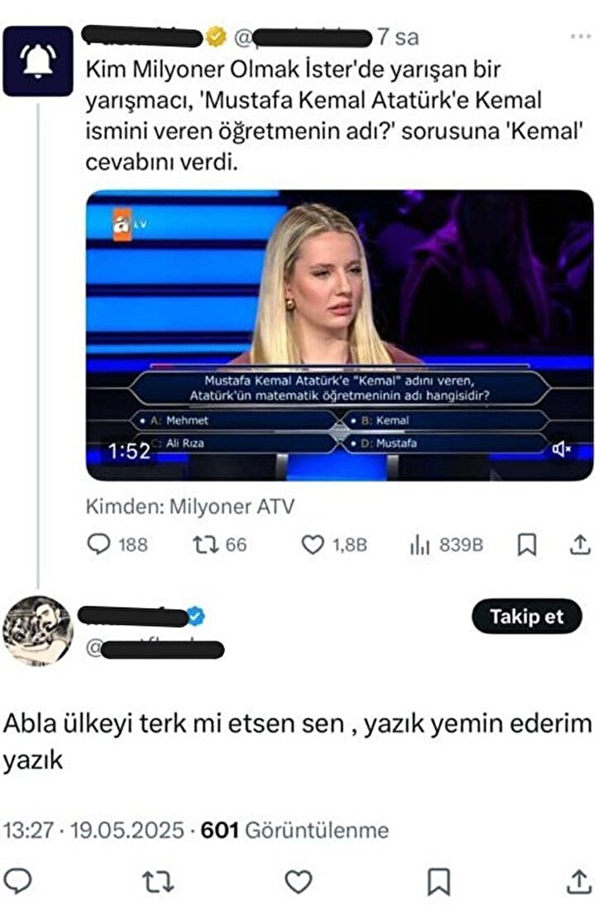 Cevabın üzerine program sunucusu Oktay Kaynarca'nın "İkimizin de adı Mustafa, seninki Mustafa Kemal olsun" dedikten sonra, yanlış cevap verdiğini anlayan Denizlili yarışmacı Bağcı, elendiği ve en çok da heyecandan dolayı Atatürk'ün adını hatırlayamadığı için büyük üzüntü yaşadı. Yarışmadan sonra eleştiriye maruz kalacağına tahmin eden Bağcı, linç ve hakaret boyutuna ulaşan binlerce mesaj ve yorumun ardından zor günler geçirmeye başladı.<br><br>