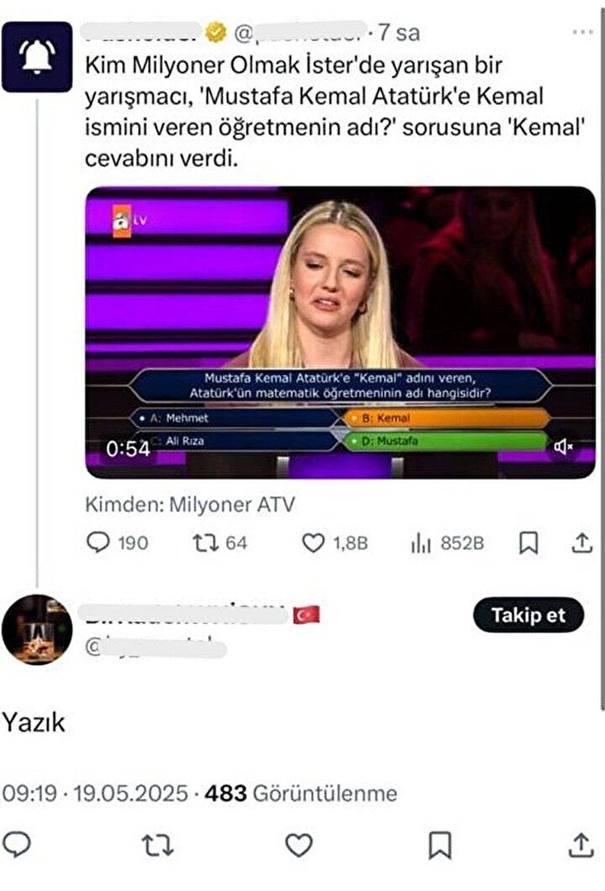 Daha önce böyle bir yarışma heyecanı yaşamadım. İnsanlar oradaki şartlarda bildikleri çok şeyi unutuyor. Yarışma heyecanı ve atmosferi nedeniyle milli değerimiz ile ilgili bir soruda böyle cevap verdiğim için üzgünüm. Ama burada verdiğim yanlış cevap Atatürk'e olan sevgimi ve saygımı sorgulatamaz. Eleştiriler için teşekkür ederim ama bu tür durumlarda biraz empati yapmanın da önemli olduğunu düşünüyorum" diye konuştu.<br><br>