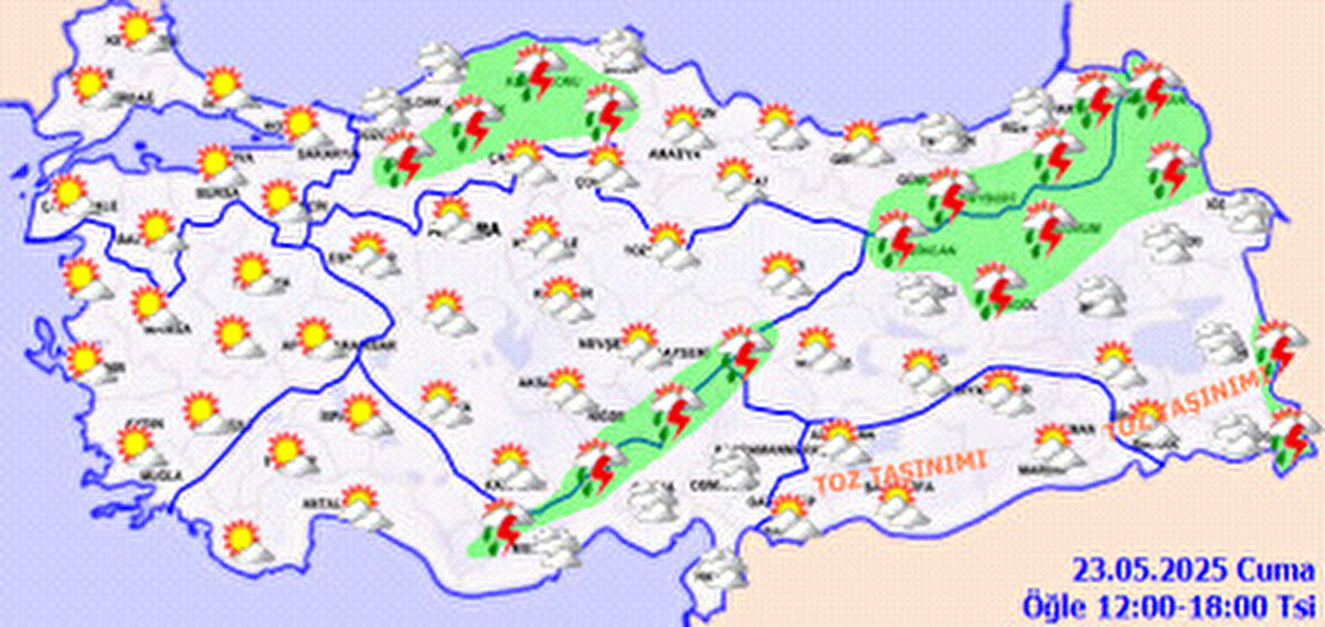 Meteoroloji Genel Müdürlüğü tarafından yapılan tahminlere göre: Ülkemiz genelinin parçalı ve çok bulutlu, Doğu Akdeniz'in Toroslar mevkii, Batı ve Doğu Karadeniz'in iç kesimleri, Erzincan, Bingöl, Erzurum, Iğdır, Kars ve Ardahan çevreleri ile Van'ın ve Hakkari'nin doğu kesimlerinin sağanak ve gök gürültülü sağanak yağışlı geçeceği tahmin ediliyor.