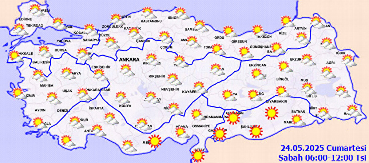 Meteoroloji Genel Müdürlüğü tarafından yapılan tahminlere göre: Ülkemiz genelinin parçalı ve az bulutlu, öğle saatlerinden sonra Konya, Kastamonu ve Hakkari çevreleri ile Isparta'nın güney ve doğu, Karaman'ın batı ve Van'ın doğu ilçelerinin sağanak ve gök gürültülü sağanak yağışlı geçeceği tahmin ediliyor. Yurdun batı kesimlerinde toz taşınımı bekleniyor.